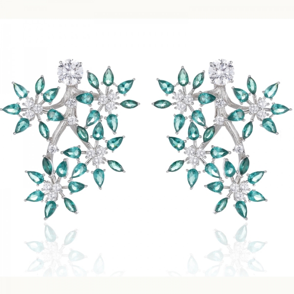 Pear Shape And Marquise Green Nano With White Cubic Zircon Rhodium Silver Earring 