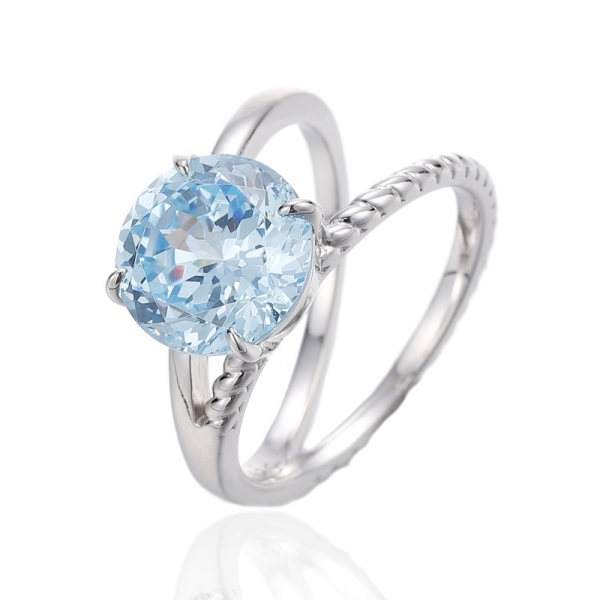 Round Diamond Blue Cubic Zircon Rhodium Silver Ring 