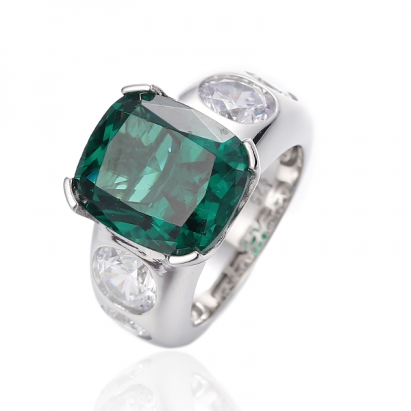 Cushion Green Nano And Round White Cubic Zircon Rhodium Silver Ring 