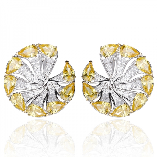 Pear Shape Diamond Yellow And White Cubic Zircon Rhodium Silver Earring 