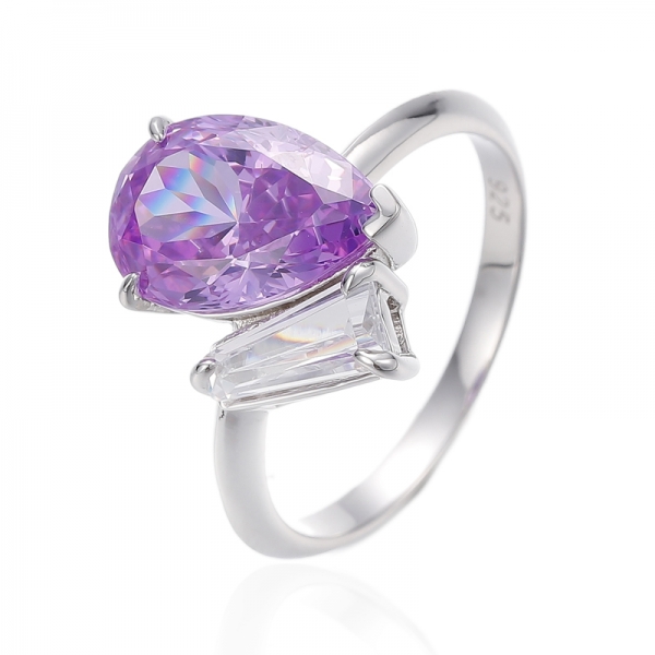 Pear Shape Kunzite And Tapered White Cubic Zircon Rhodium Silver Ring 