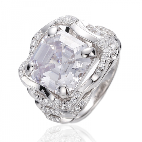 Asscher Diamond Pink And Round White Cubic Zircon Rhodium Silver Ring 