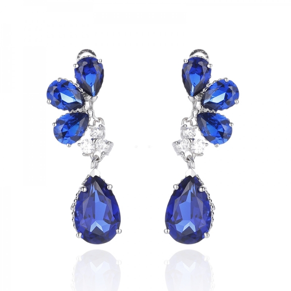 Pear Shape Blue Nano And Round White Cubic Zircon Rhodium Silver Earring 
