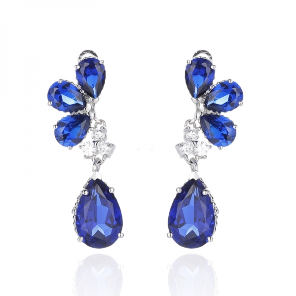 Pear Shape Blue Nano And Round White Cubic Zircon Rhodium Silver Earring 