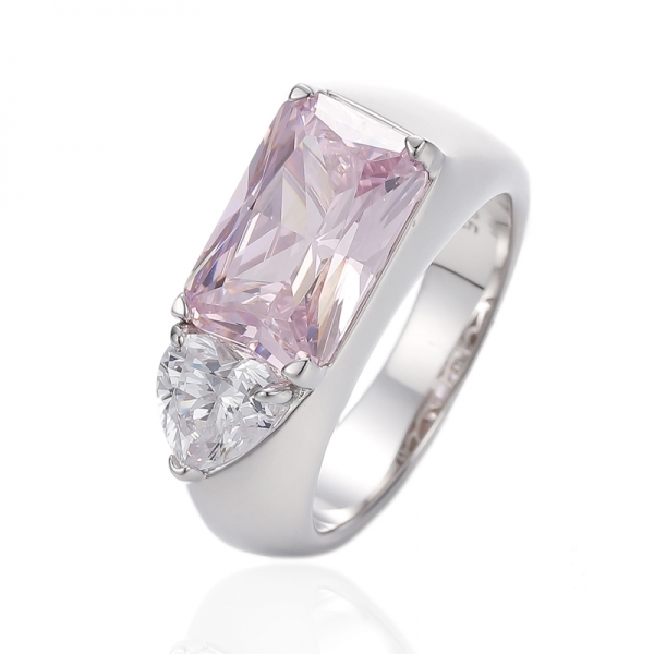 Cushion Diamond Pink And Heart Shape White Cubic Zircon Rhodium Silver Ring 