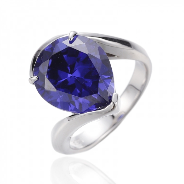 Pear Shape Tanzanite Cubic Zircon Rhodium Silver Ring 