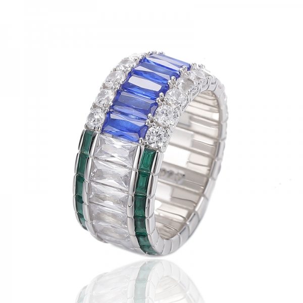 Baguette Blue Nano And Green Nano With White Cubic Zircon Rhodium Silver Ring 
