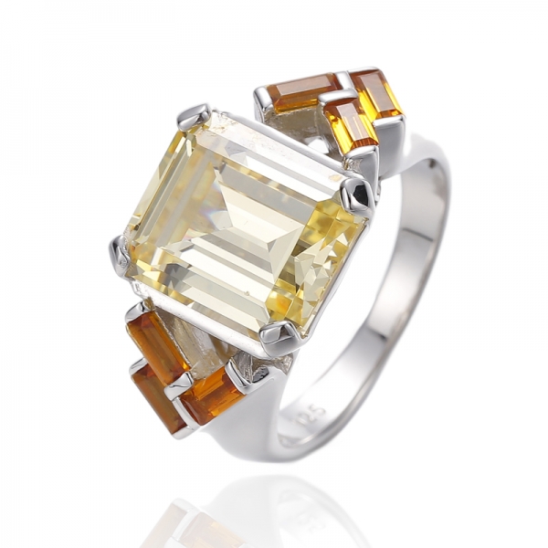 Emerald Shape Diamond Yellow Cubic Zircon And Golden Nano Rhodium Silver Ring 