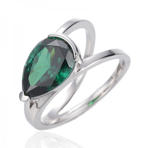 Pear Shape Green Cubic Zircon Rhodium Silver Ring 