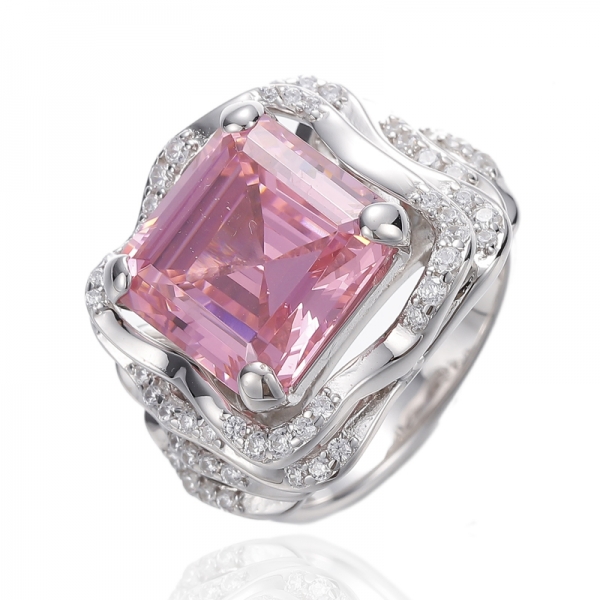 Asscher Diamond Pink And Round White Cubic Zircon Rhodium Silver Ring 