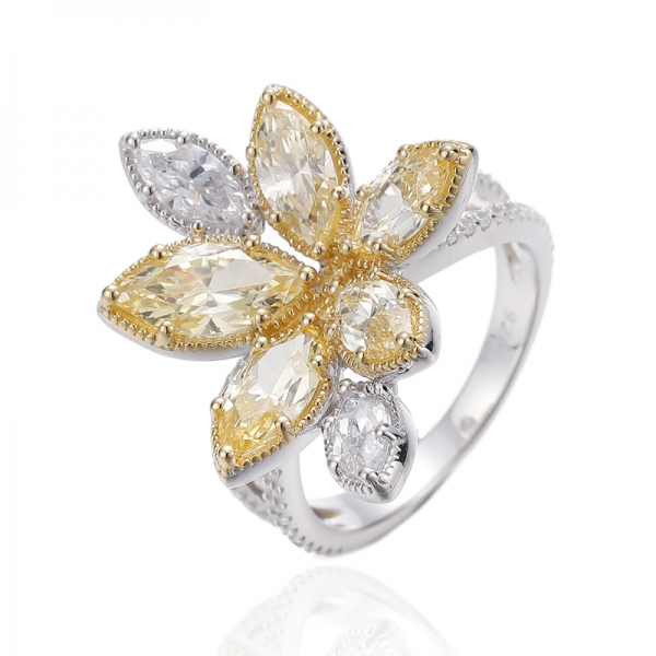 925 Marquise Diamond Yellow And White Cubic Zircon Rhodium Silver Ring 