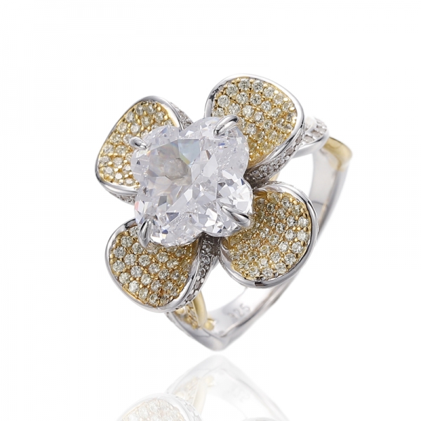 925 Flower Shape White And Round Golden Cubic Zircon Silver Ring With Rhodium And Gold Plating 