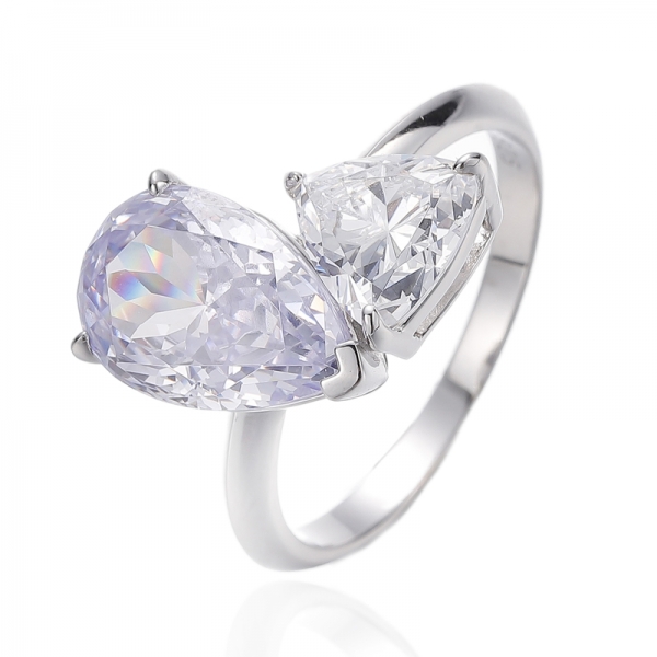 Pear Shape Lavender And Trillion White Cubic Zircon Rhodium Silver Ring 