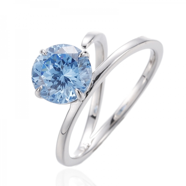 Round Diamond Blue Cubic Zircon Rhodium Silver Ring 