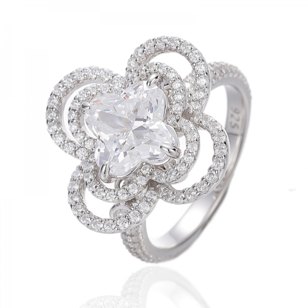 Flower Shape And Round White Cubic Zircon Rhodium Silver Ring 