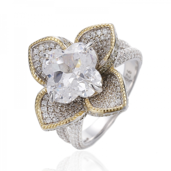 Flower Shape White And Round Golden Cubic Zircon Silver Ring With Rhodium And Gold Plating 