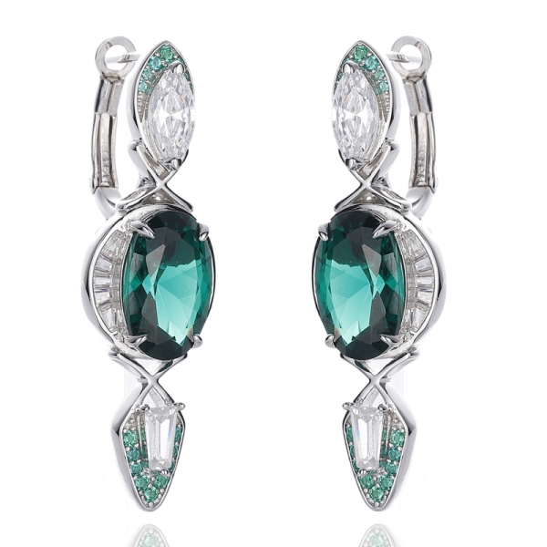 Oval Shape Green Nano And White Cubic Zircon Rhodium Silver Earring 