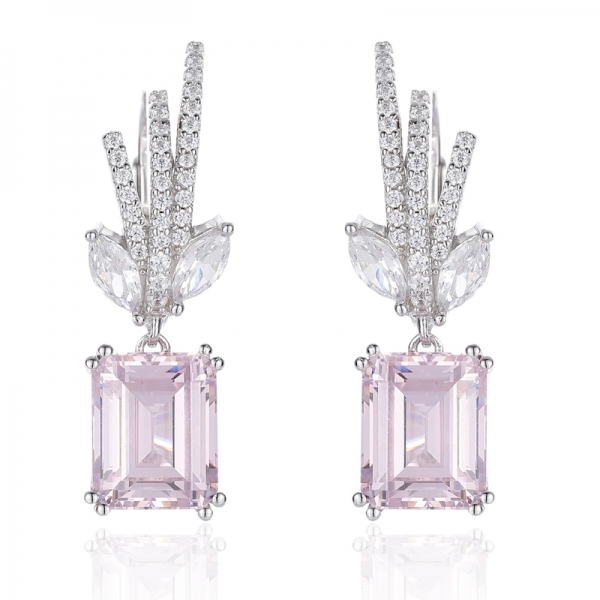 Emerald Cut Diamond Pink And White Cubic Zircon Rhodium Silver Earring 