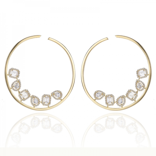 Emerald Cut And Pear Shape White Cubic Zircon Silver Earring With Glod Plating 