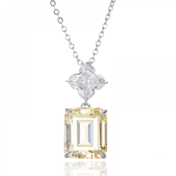 Emerald Diamond Yellow And Flower Shape White Cubic Zircon Rhodium Silver Pendant 