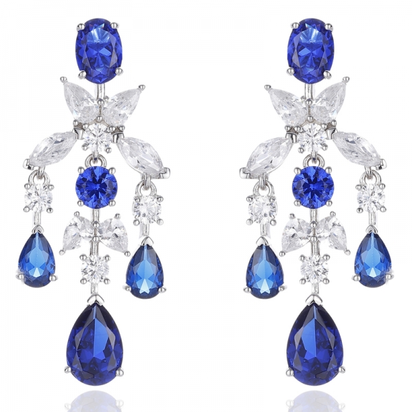 Pear Shape Blue Nano And White Cubic Zircon Rhodium Silver Earring 