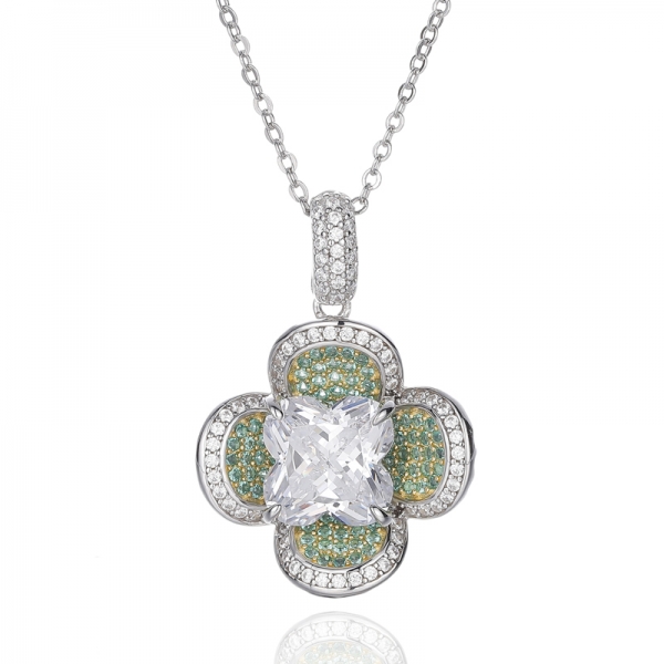 Flower Shape White Cubic Zircon And Round Green Nano Silver Pendant With Rhodium And Gold Plating 