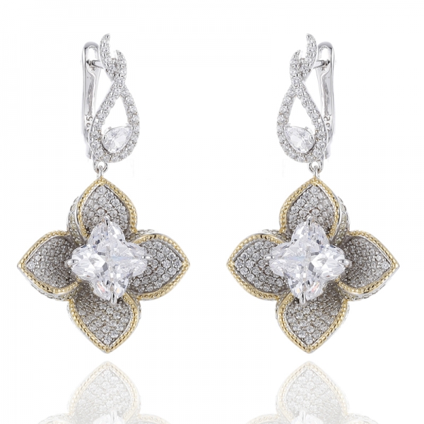 925 Flower Shape White And Round Golden Cubic Zircon Silver Earring With Rhodium And Gold Plating 