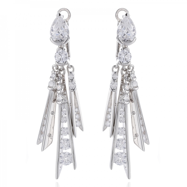 Pear Shape Green Nano And Round White Cubic Zircon Rhodium Silver Earring 