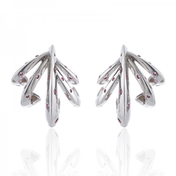 925 Round Red Corundum Rhodium Silver Earring 