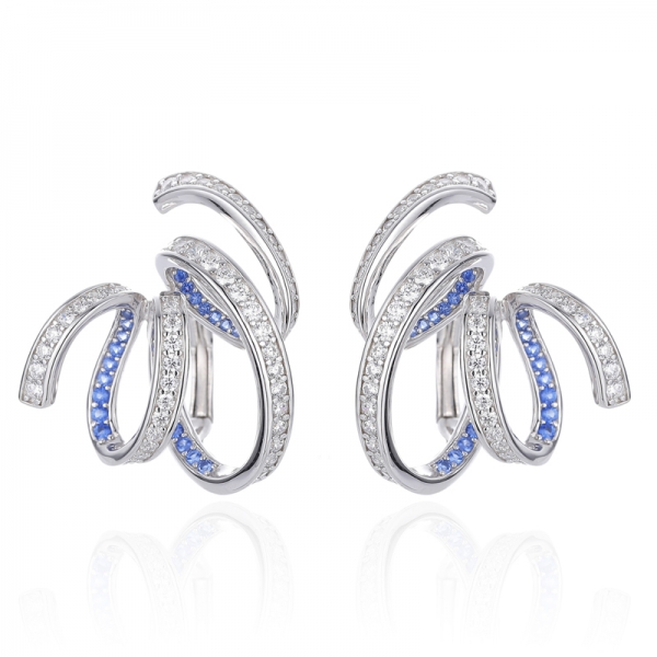 Round Blue Nano And White Cubic Zircon Rhodium Silver Earring 