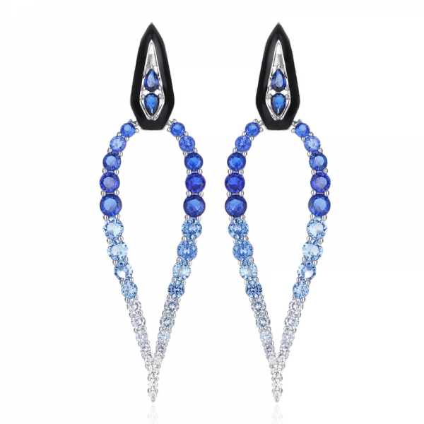 Pear Shape Blue Nano And Blue Spinel Gemstone With Black Enamel Rhodium Silver Earring 