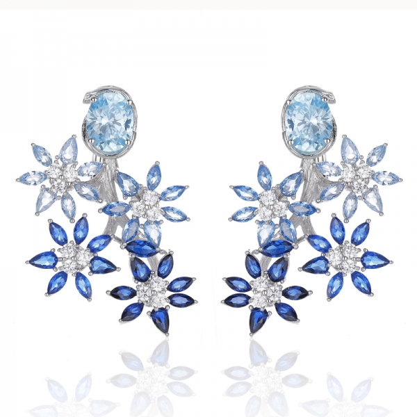 Oval Shape Blue Spinel Gemstone And Round White Cubic Zircon Rhodium Silver Earring 
