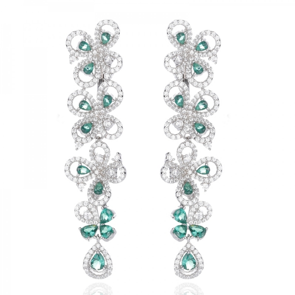 Pear Shape Green Nano And Round White Cubic Zircon Rhodium Silver Earring 
