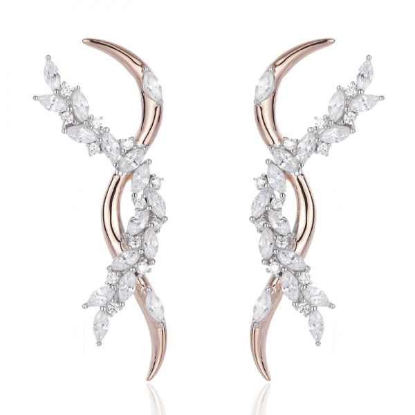 Marquise And Round White Cubic Zircon Silver Earring With Rhodium And Rose Glod Plating 