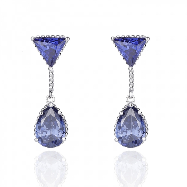 Pear Shape And Trillion Tanzanite Cubic Zircon Rhodium Silver Earring 