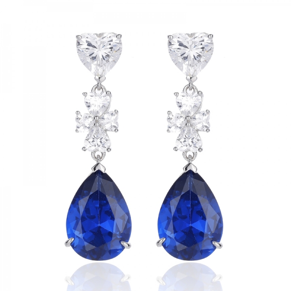 Pear Shape Blue Nano And Heart Shape White Cubic Zircon Rhodium Silver Earring 