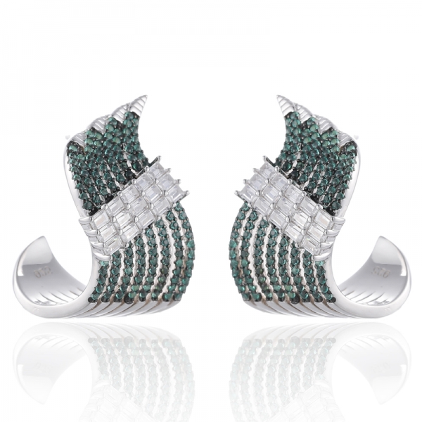 Round Green Nano And Baguette White Cubic Zircon Silver Earring With Rhodium And Black Glod Plating 