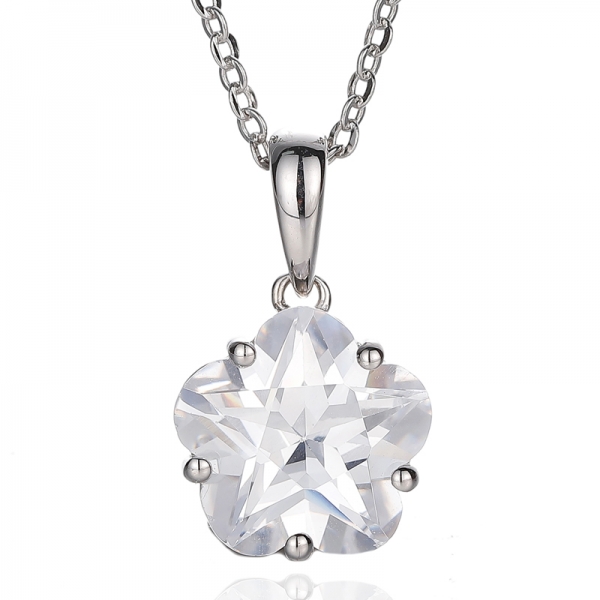 925 Flower Shape White Cubic Zircon Rhodium Silver Pendant 