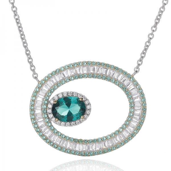 Oval Shape Green Nano And White Cubic Zircon Silver Necklace With Rhodium And Gold Plating 