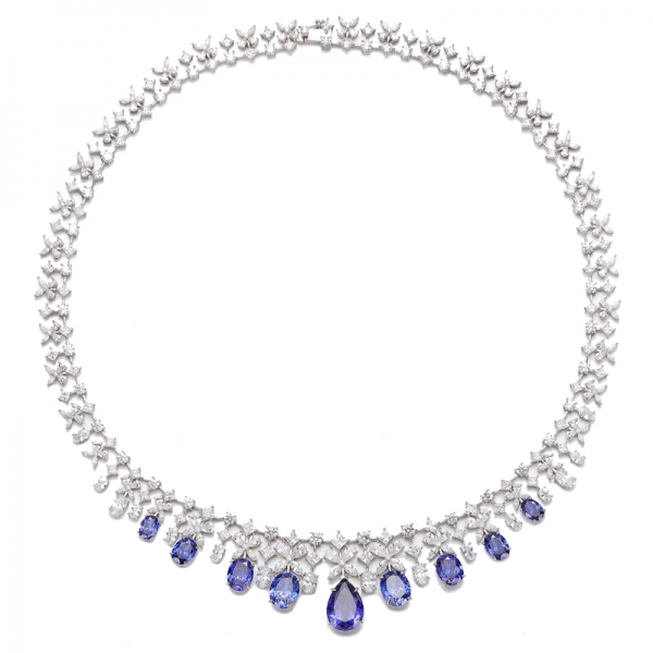 Pear Shape Tanzanite And White Cubic Zircon Rhodium Silver Necklace 