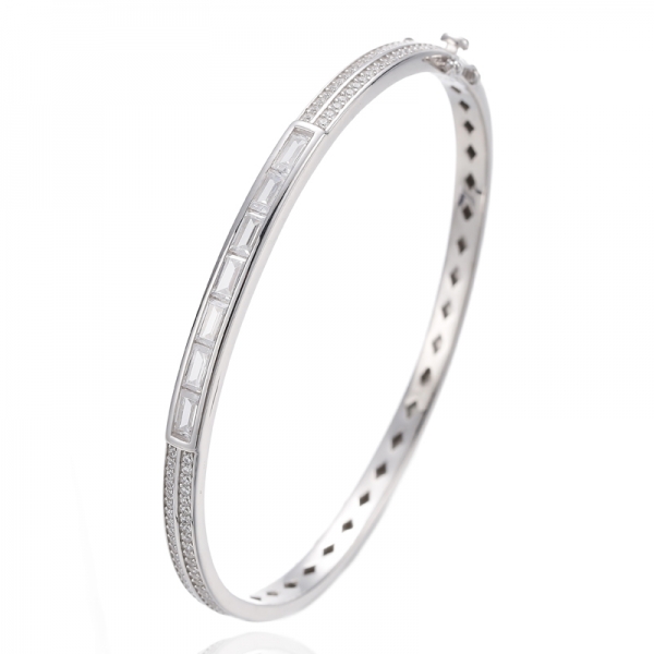 Baguette And Round White Cubic Zircon Rhodium Silver Bangle 