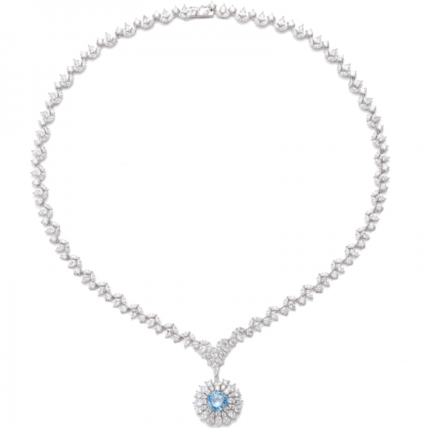 Round Diamond Blue And White Cubic Zircon Rhodium Silver Necklace 