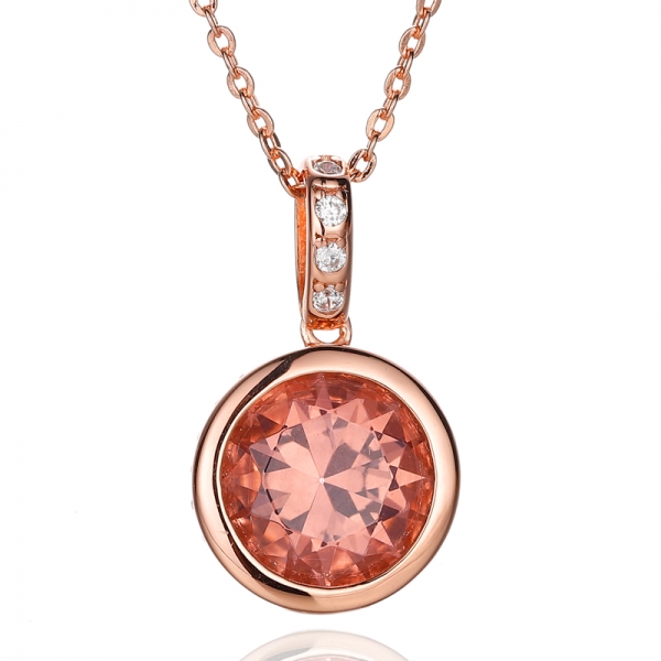 Round Morganite Nano And White Cubic Zircon Silver Pendant With Rose Gold Plating 