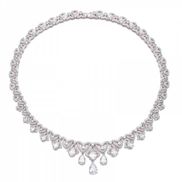 Pear Shape And Oval Shape White Cubic Zircon Rhodium Silver Necklace 