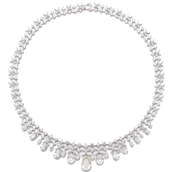 Pear Shape Tanzanite And White Cubic Zircon Rhodium Silver Necklace 
