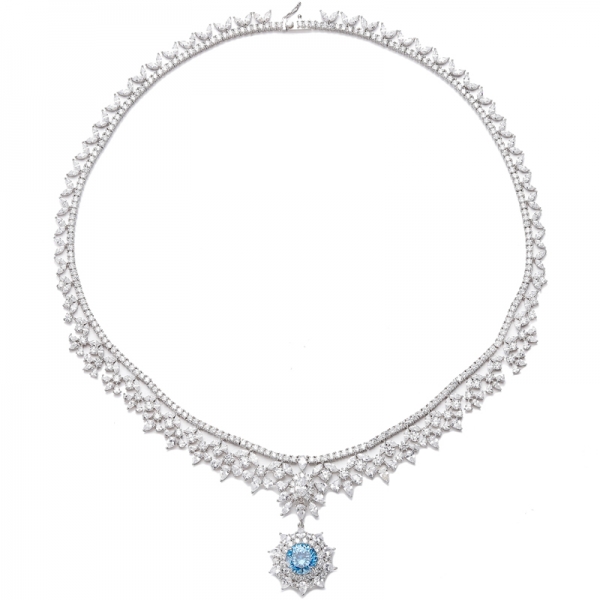 925 Round Diamond Blue And White Cubic Zircon Rhodium Silver Necklace 