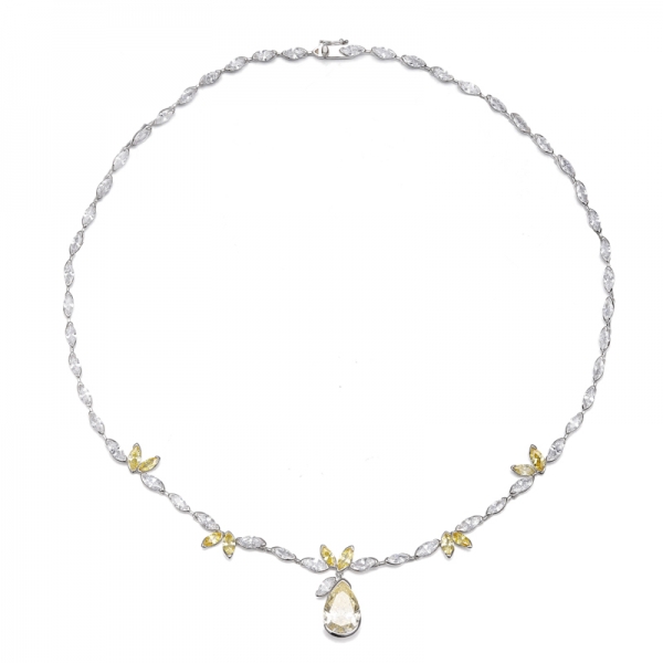 Pear Shape Diamond Yellow And Marquise White Cubic Zircon Rhodium Silver Necklace 