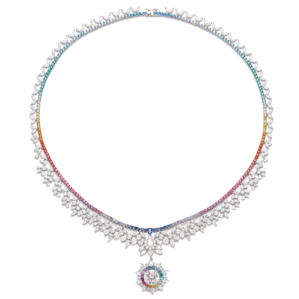 925 Round Diamond Blue And White Cubic Zircon Rhodium Silver Necklace 