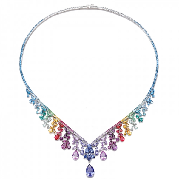 925 Pear Shape Rainbow Color Cubic Zircon Rhodium Silver Necklace 