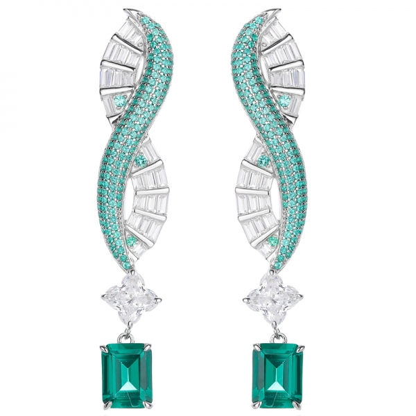 Emerald Cut Green Nano And White Cubic Zircon Rhodium Silver Earring 